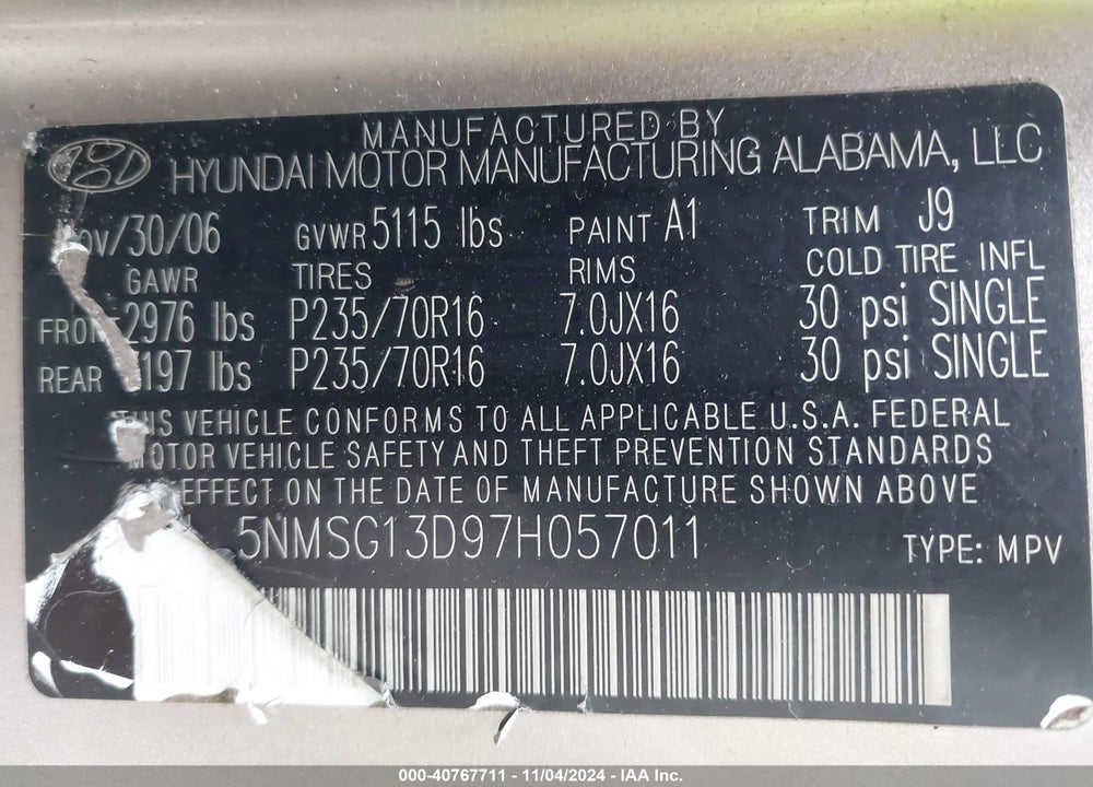 2007 HYUNDAI SANTA FE GLS VIN: 5NMSG13D97H057011