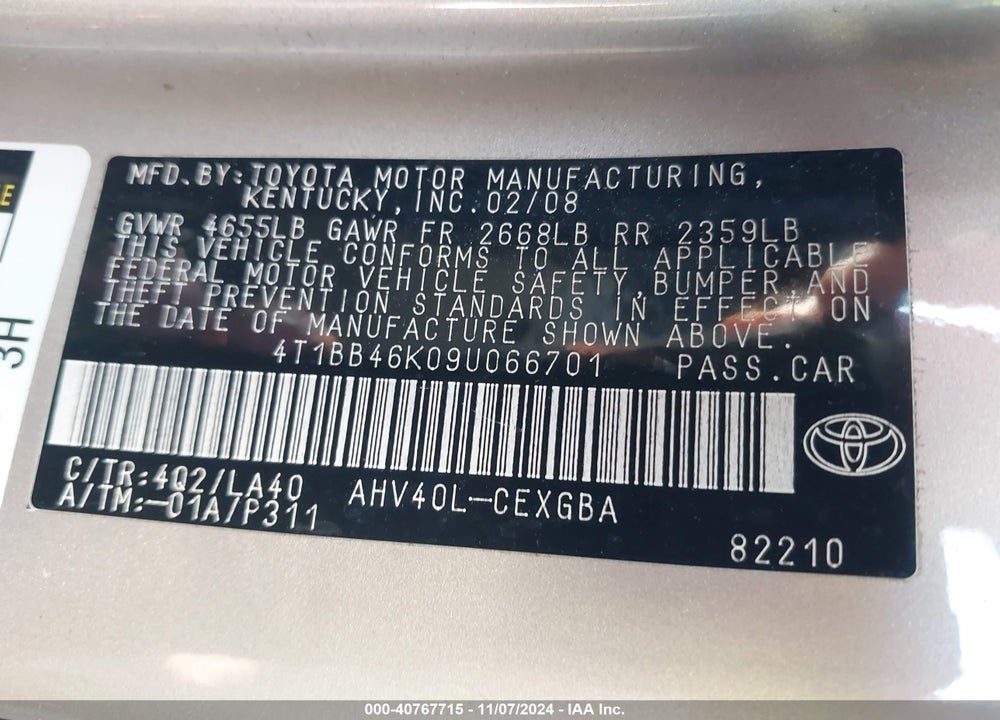 2009 TOYOTA CAMRY HYBRID VIN: 4T1BB46K09U066701