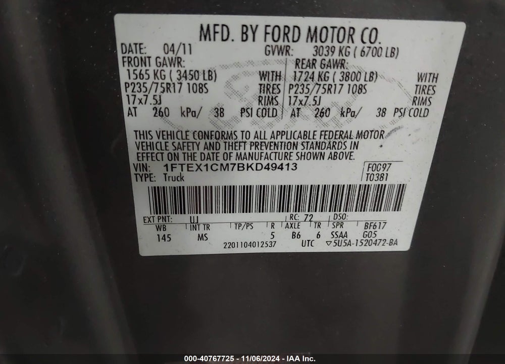 2011 FORD F-150 STX/XL/XLT VIN: 1FTEX1CM7BKD49413