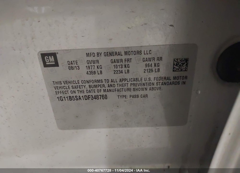 2013 CHEVROLET MALIBU 1LS VIN: 1G11B5SA1DF348760