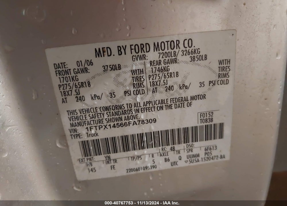 2006 FORD F-150 FX4/LARIAT/XL/XLT VIN: 1FTPX14566FA78309