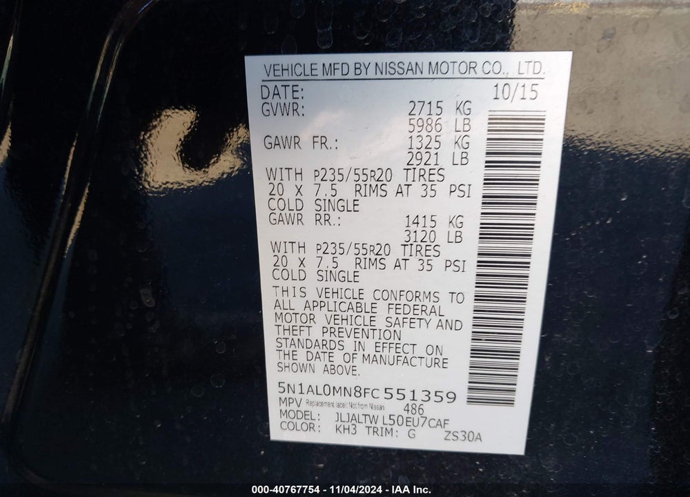 2015 INFINITI QX60 VIN: 5N1AL0MN8FC551359