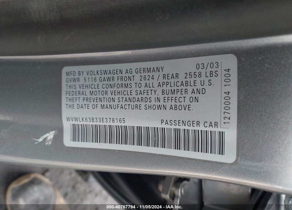 2003 VOLKSWAGEN PASSAT W8 VIN: WVWLK63B33E378165