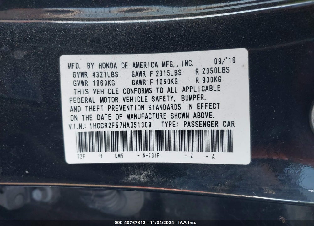 2017 HONDA ACCORD SPORT VIN: 1HGCR2F57HA051309