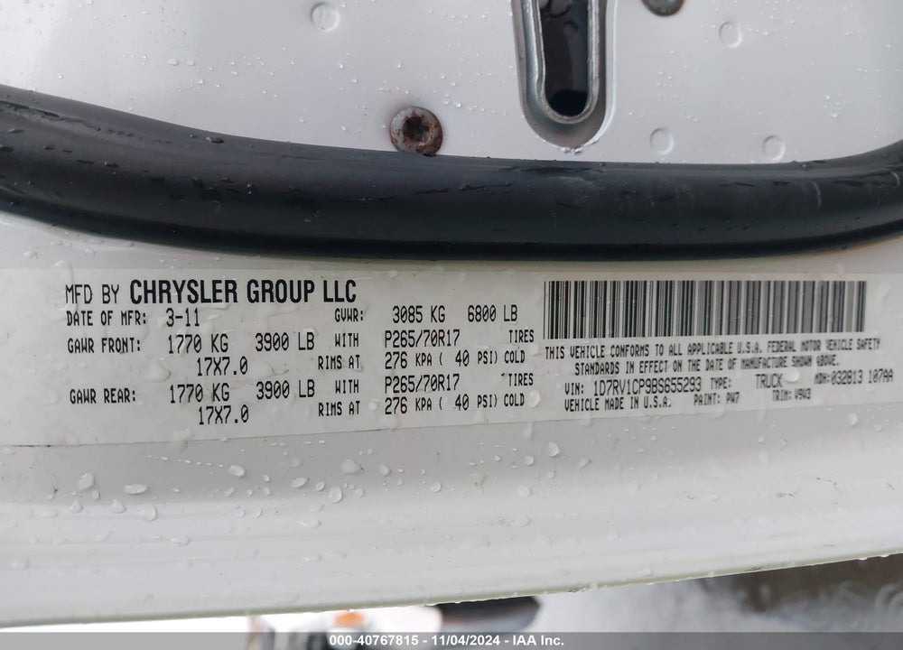 2011 RAM 1500 SLT VIN: 1D7RV1CP9BS655293