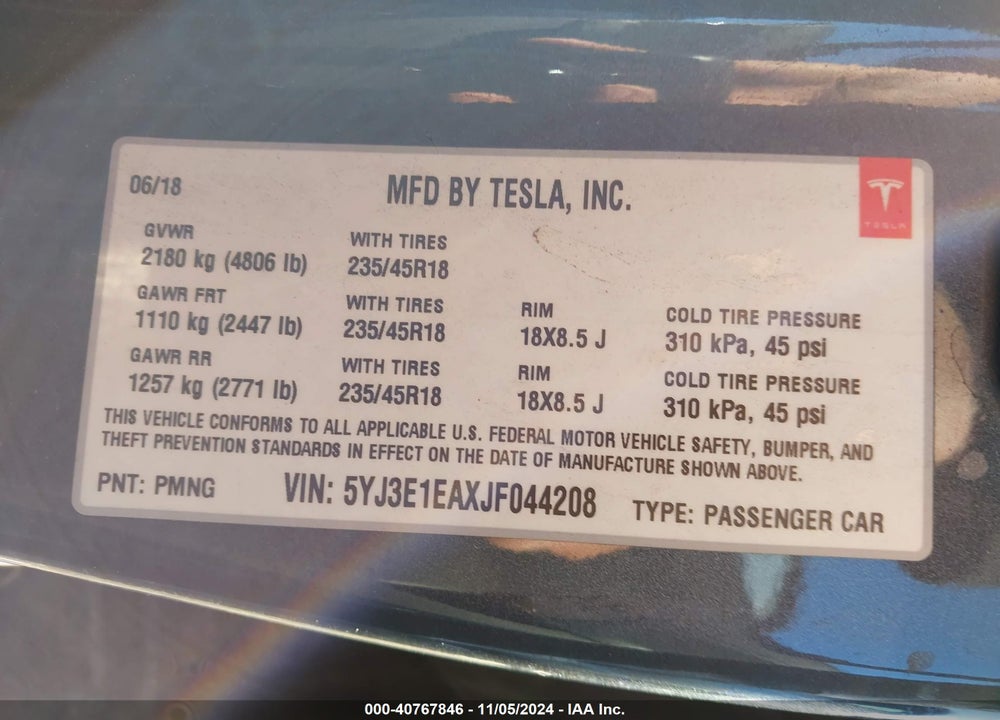 2018 TESLA MODEL 3 LONG RANGE/MID RANGE VIN: 5YJ3E1EAXJF044208