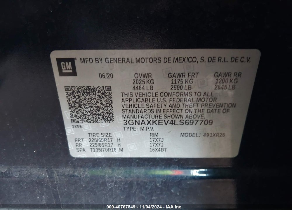 2020 CHEVROLET EQUINOX FWD LT 1.5L TURBO VIN: 3GNAXKEV4LS697709