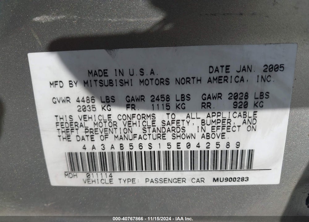 2005 MITSUBISHI GALANT LS VIN: 4A3AB56S15E042589