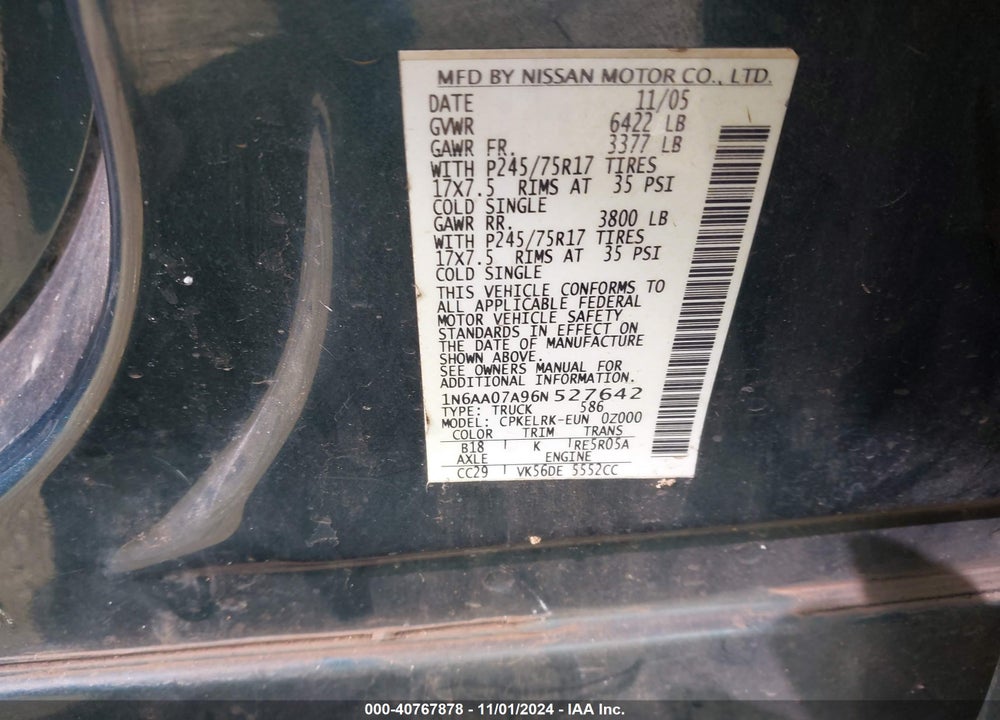 2006 NISSAN TITAN XE VIN: 1N6AA07A96N527642