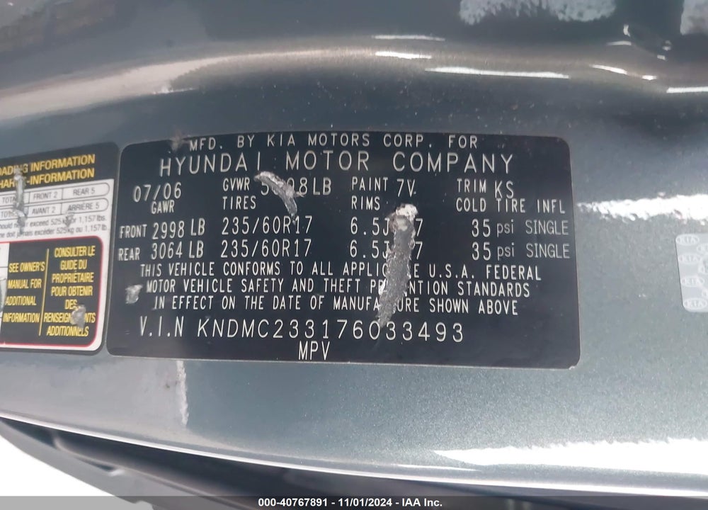 2007 HYUNDAI ENTOURAGE GLS/LIMITED/SE VIN: KNDMC233176033493