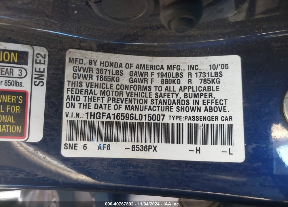 2006 HONDA CIVIC LX VIN: 1HGFA16596L015007