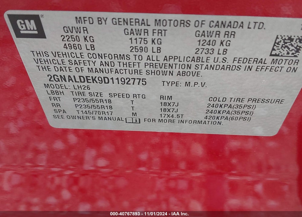 2013 CHEVROLET EQUINOX 1LT VIN: 2GNALDEK9D1192775