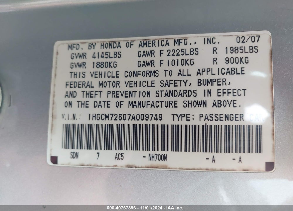 2007 HONDA ACCORD 2.4 EX VIN: 1HGCM72607A009749