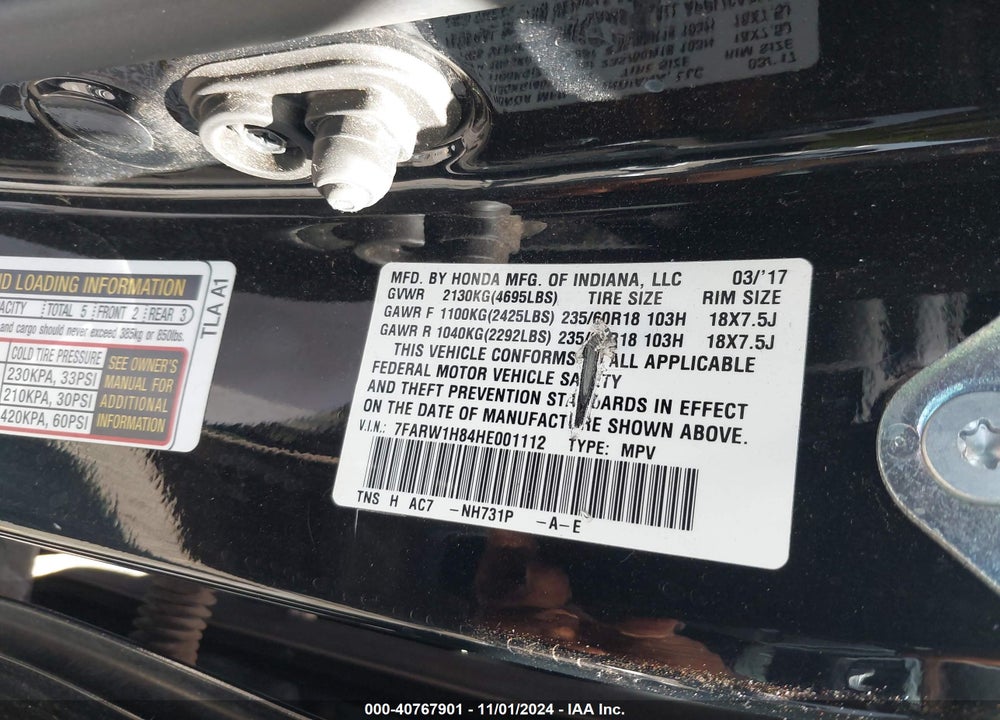 2017 HONDA CR-V EX-L/EX-L NAVI VIN: 7FARW1H84HE001112