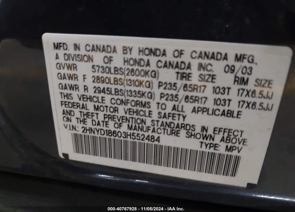 2003 ACURA MDX VIN: 2HNYD18603H552484