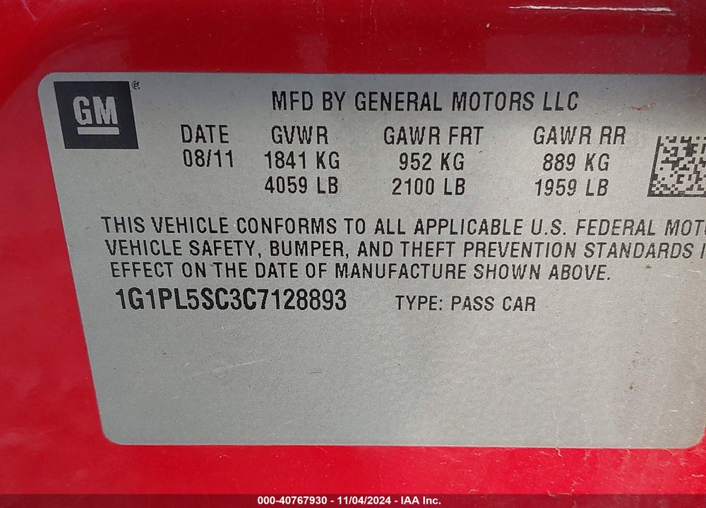 2012 CHEVROLET CRUZE VIN: 1G1PL5SC3C7128893