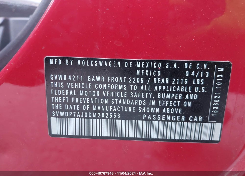 2013 VOLKSWAGEN JETTA 2.5L SE VIN: 3VWDP7AJ0DM292553