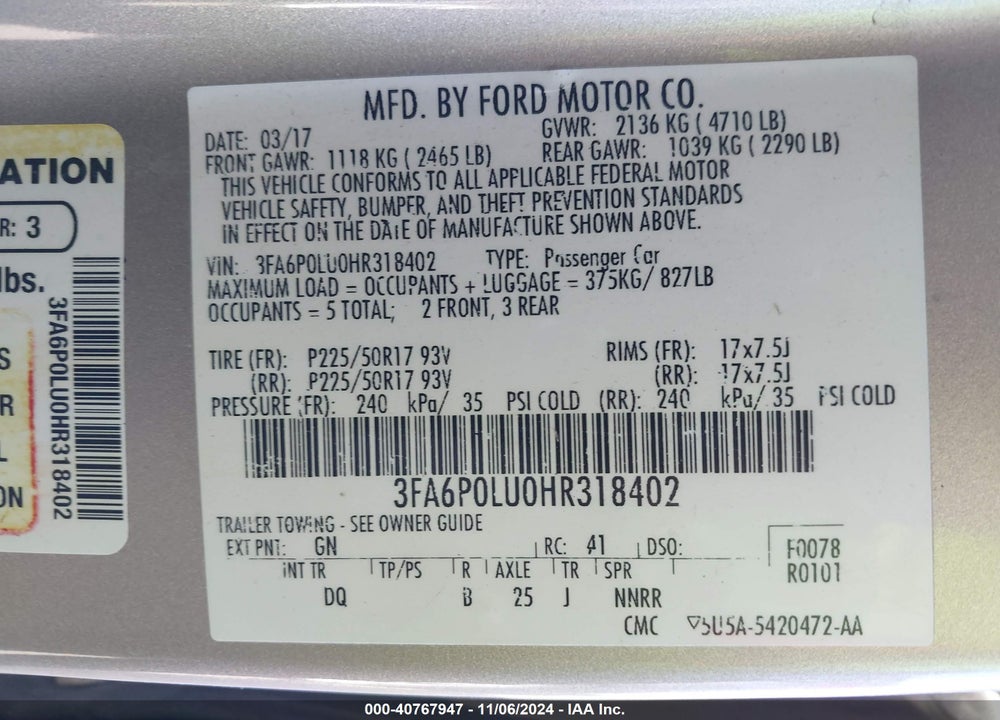 2017 FORD FUSION HYBRID SE VIN: 3FA6P0LU0HR318402