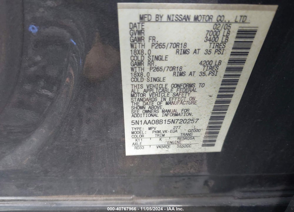 2005 NISSAN ARMADA LE VIN: 5N1AA08B15N720257