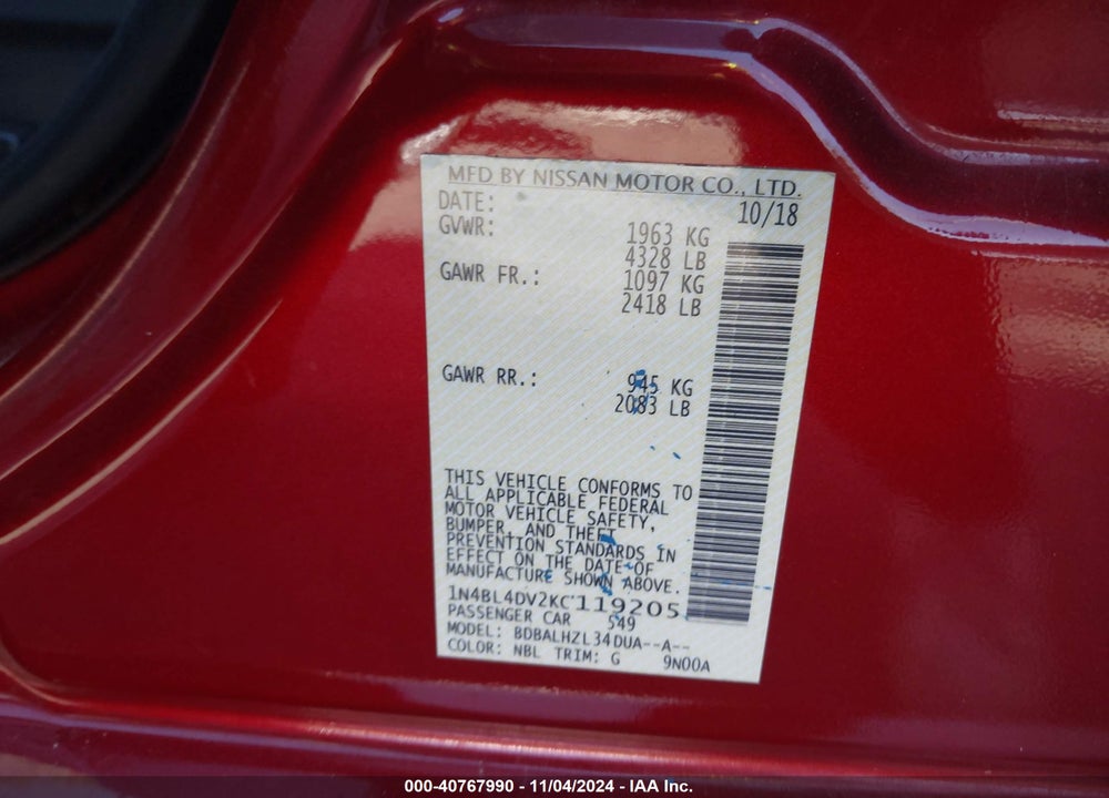 2019 NISSAN ALTIMA 2.5 SV VIN: 1N4BL4DV2KC119205