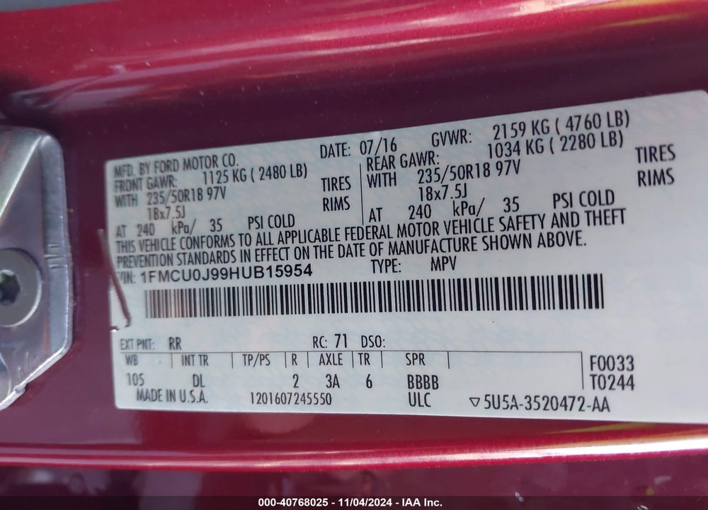 2017 FORD ESCAPE TITANIUM VIN: 1FMCU0J99HUB15954