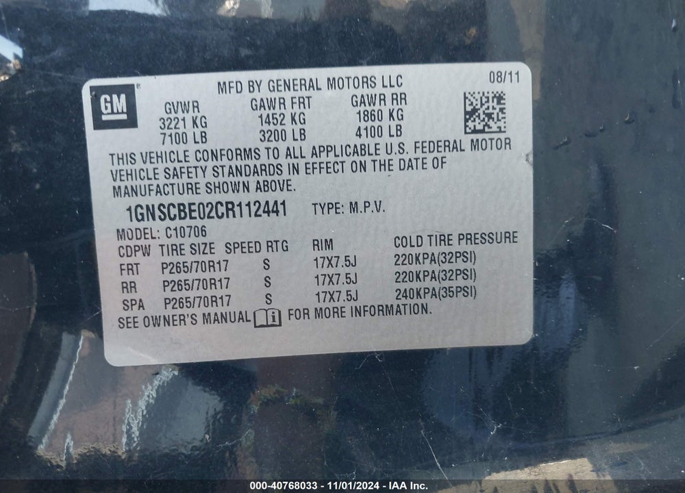 2012 CHEVROLET TAHOE LT VIN: 1GNSCBE02CR112441