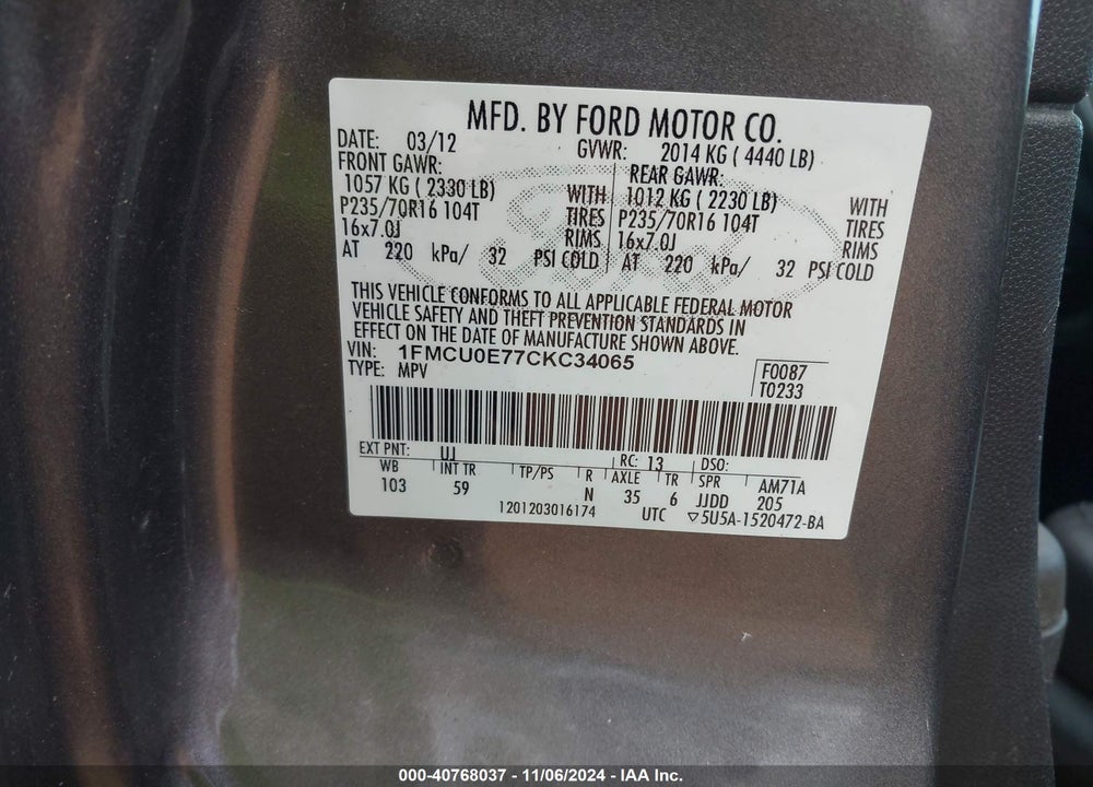 2012 FORD ESCAPE LIMITED VIN: 1FMCU0E77CKC34065