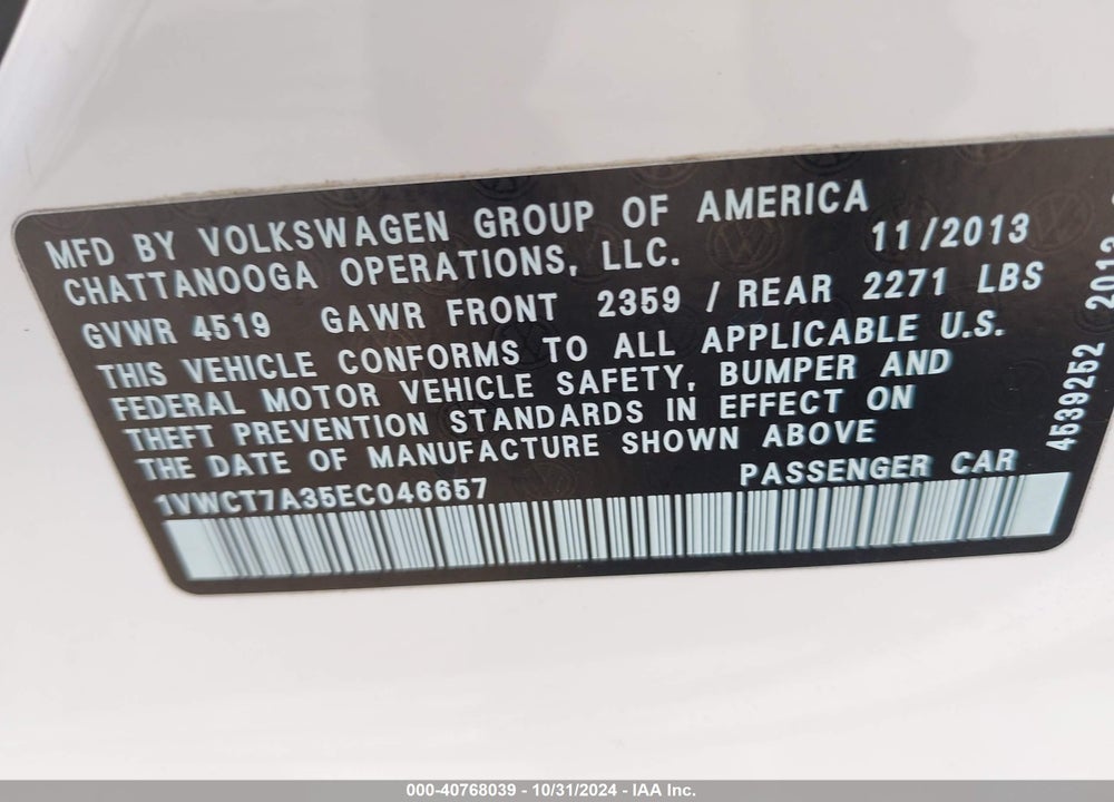 2014 VOLKSWAGEN PASSAT 1.8T SEL PREMIUM VIN: 1VWCT7A35EC046657