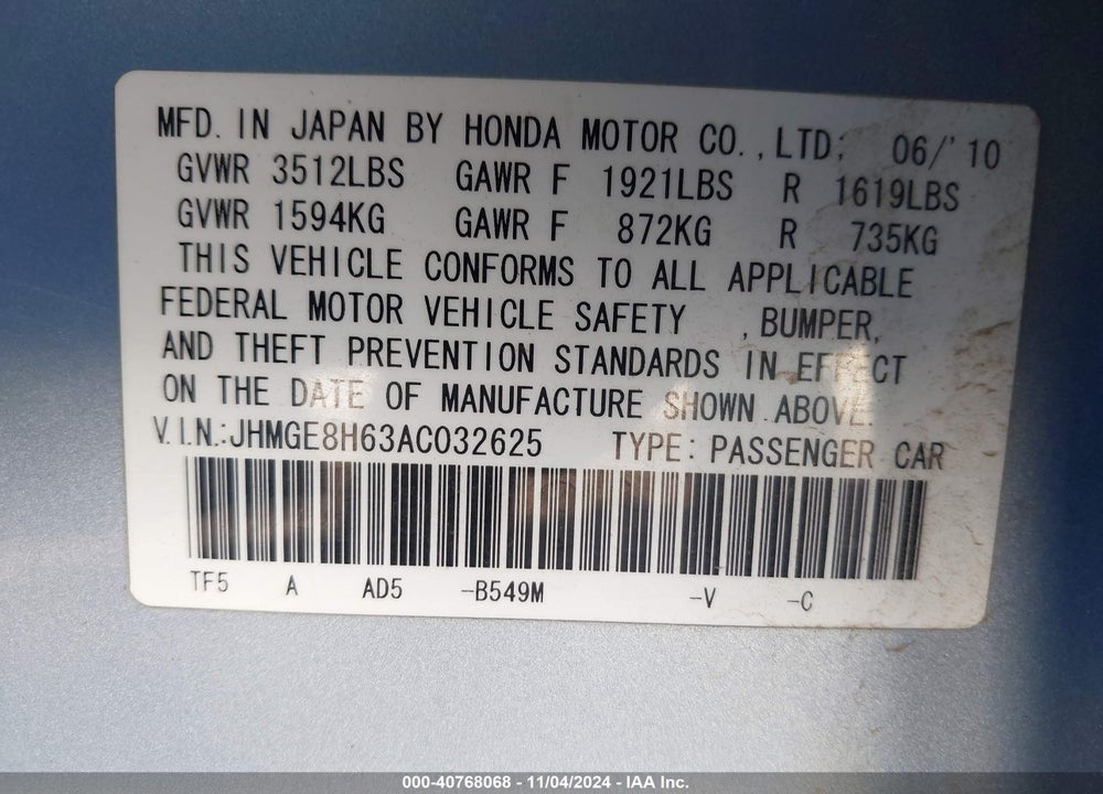 2010 HONDA FIT SPORT VIN: JHMGE8H63AC032625