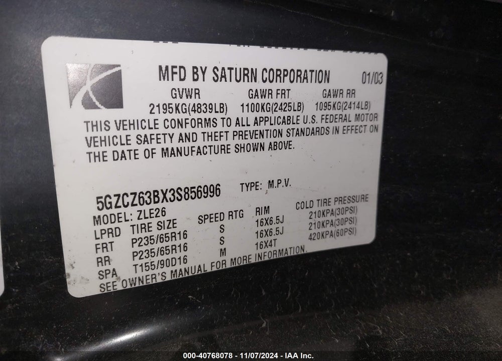 2003 SATURN VUE V6 VIN: 5GZCZ63BX3S856996