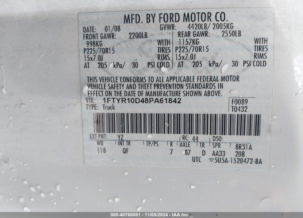 2008 FORD RANGER XL/XLT VIN: 1FTYR10D48PA61842
