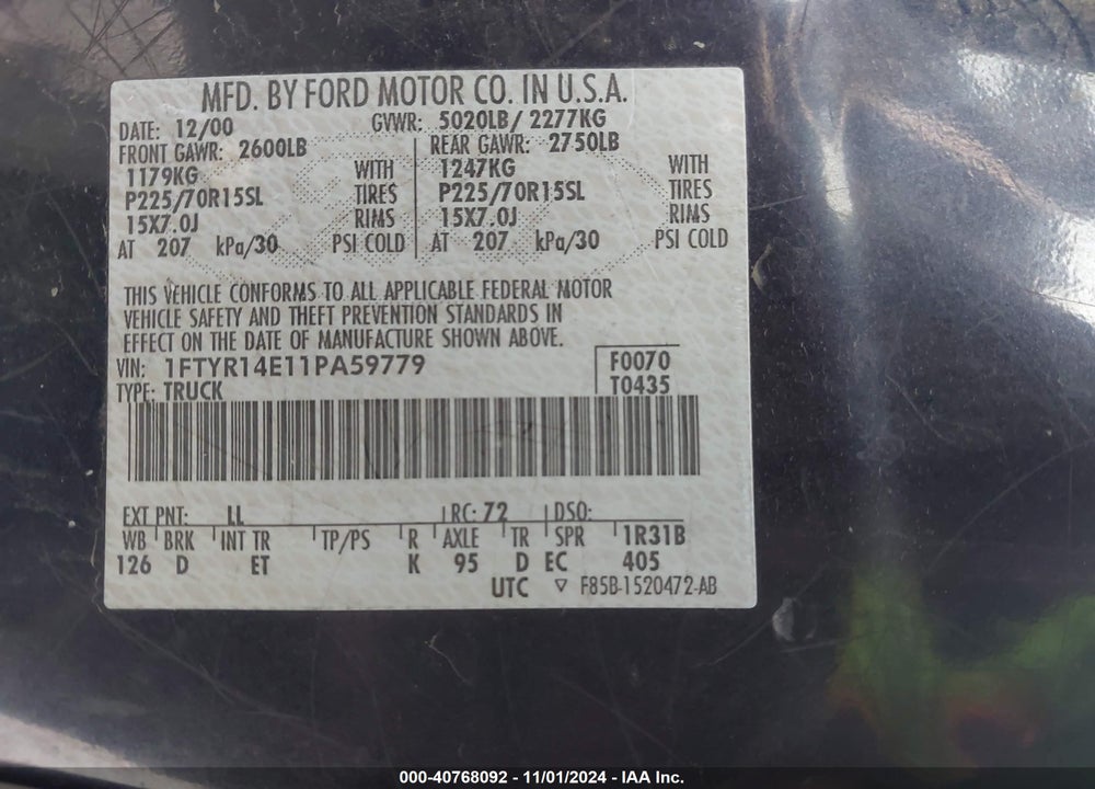 2001 FORD RANGER EDGE/XLT VIN: 1FTYR14E11PA59779