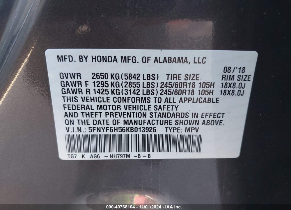 2019 HONDA PILOT EX-L VIN: 5FNYF6H56KB013926