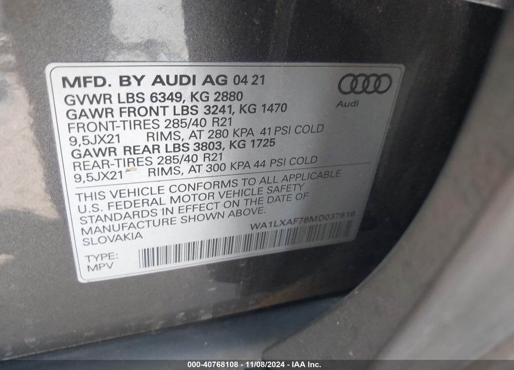 2021 AUDI Q7 PREMIUM PLUS 55 TFSI QUATTRO TIPTRONIC VIN: WA1LXAF78MD037616