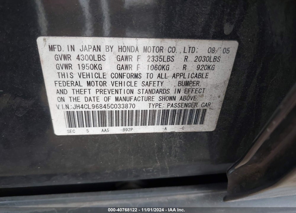 2005 ACURA TSX VIN: JH4CL96845C033870
