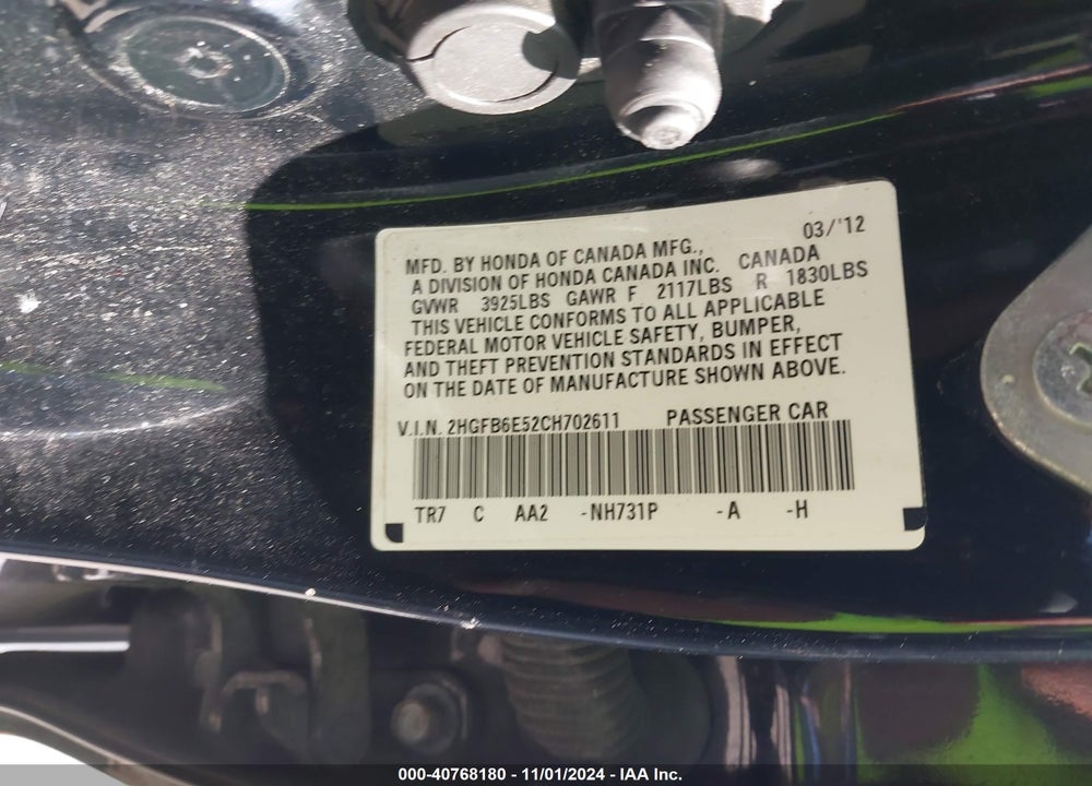 2012 HONDA CIVIC SI VIN: 2HGFB6E52CH702611
