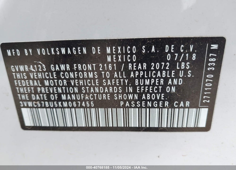 2019 VOLKSWAGEN JETTA 1.4T R-LINE/1.4T S/1.4T SE VIN: 3VWC57BU5KM067455