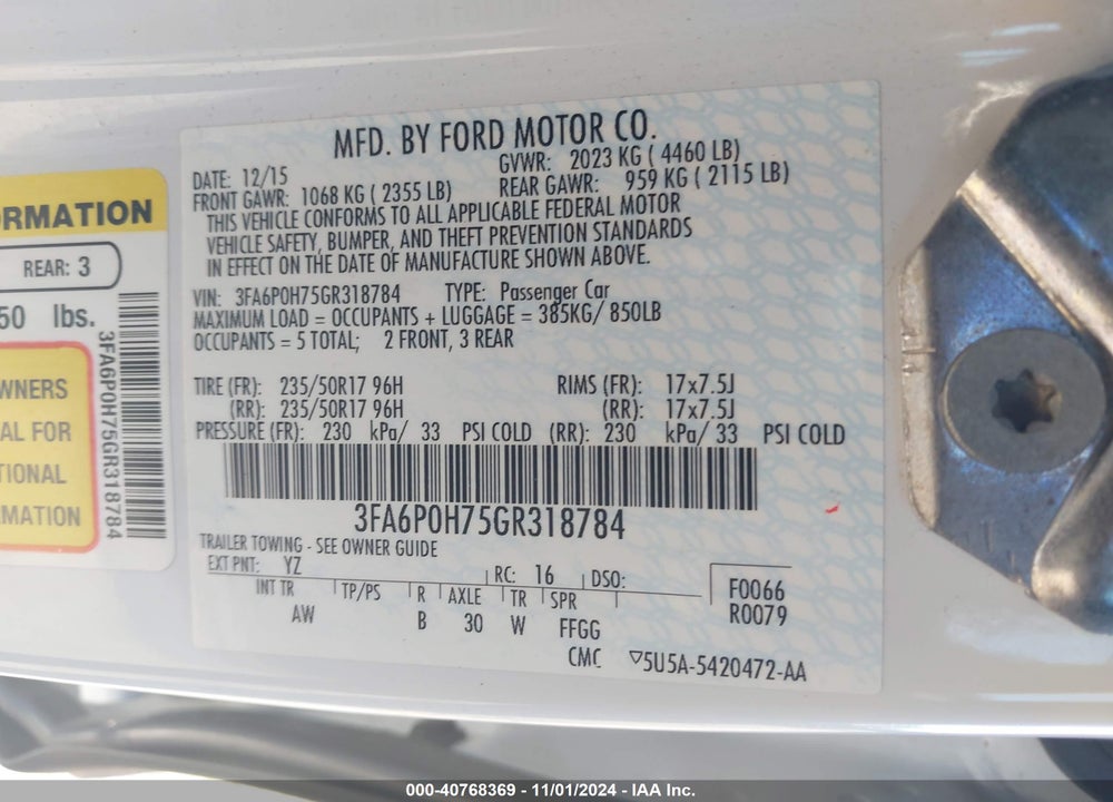 2016 FORD FUSION SE VIN: 3FA6P0H75GR318784