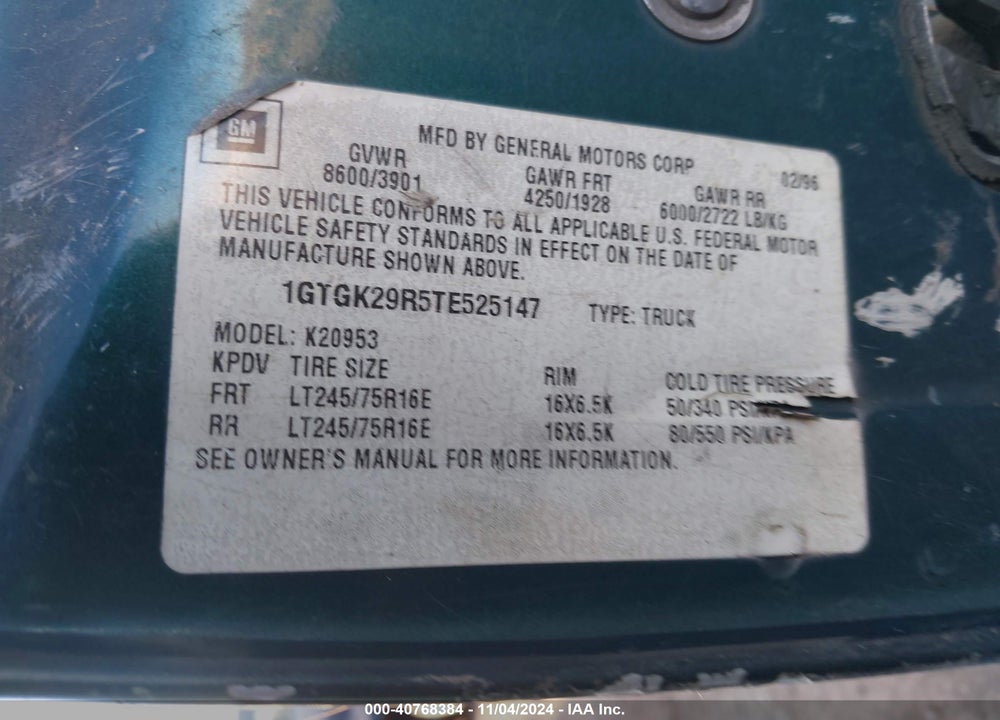 1996 GMC SIERRA K2500 VIN: 1GTGK29R5TE525147