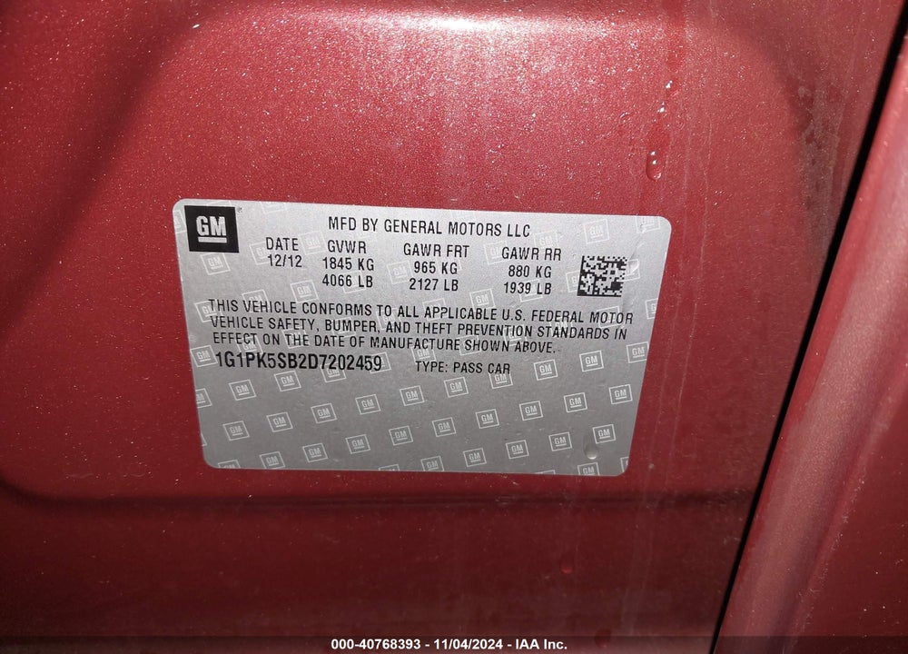 2013 CHEVROLET CRUZE LT VIN: 1G1PK5SB2D7202459