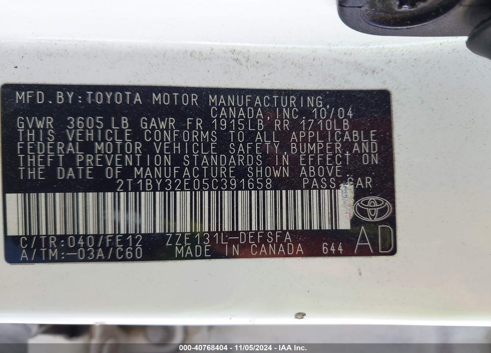 2005 TOYOTA COROLLA XRS VIN: 2T1BY32E05C391658