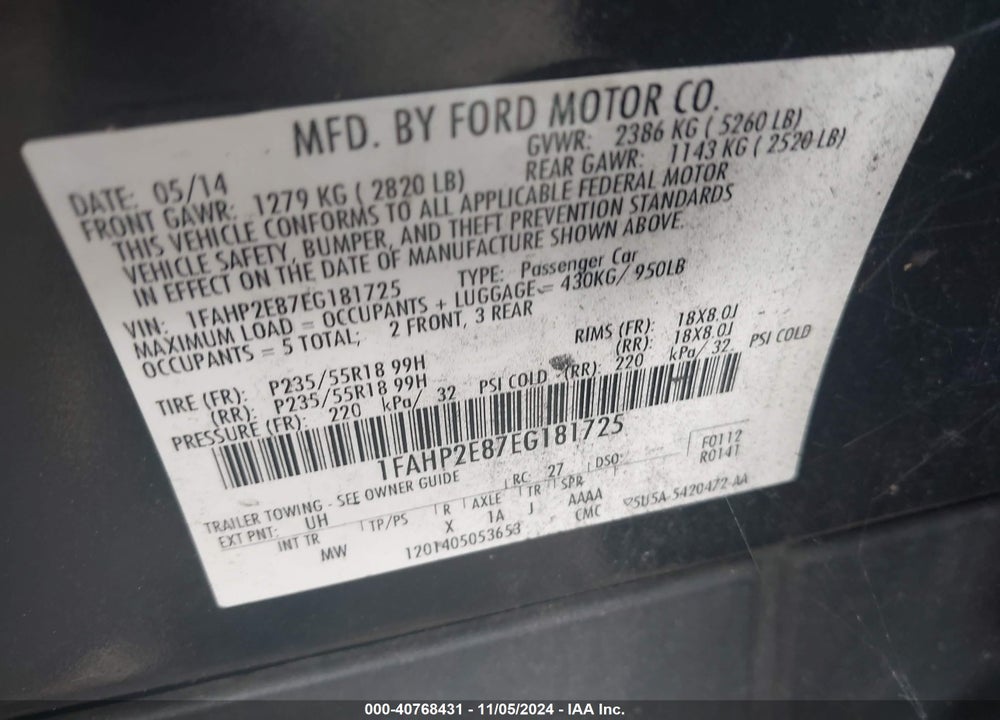 2014 FORD TAURUS SEL VIN: 1FAHP2E87EG181725
