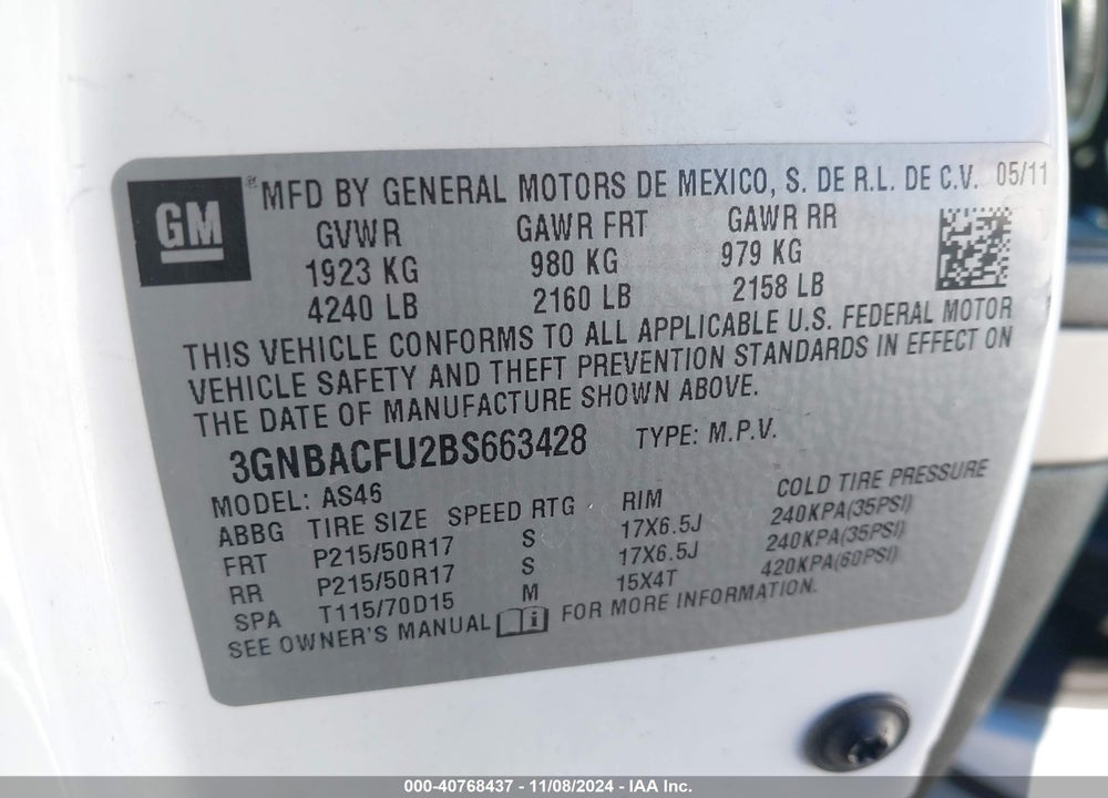 2011 CHEVROLET HHR LT VIN: 3GNBACFU2BS663428