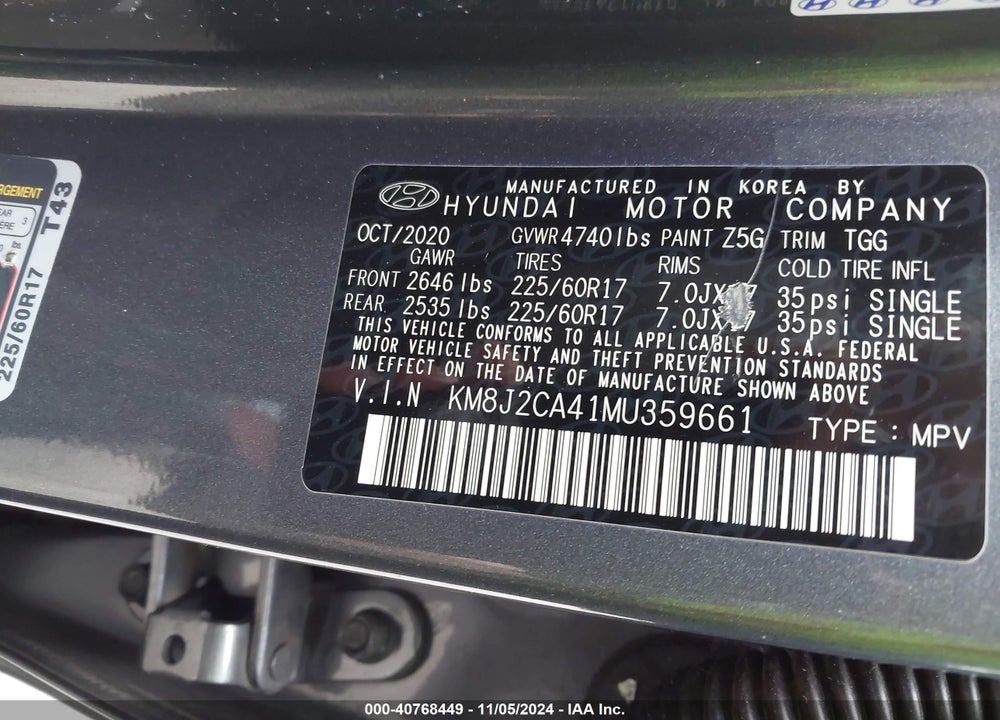 2021 HYUNDAI TUCSON SE VIN: KM8J2CA41MU359661