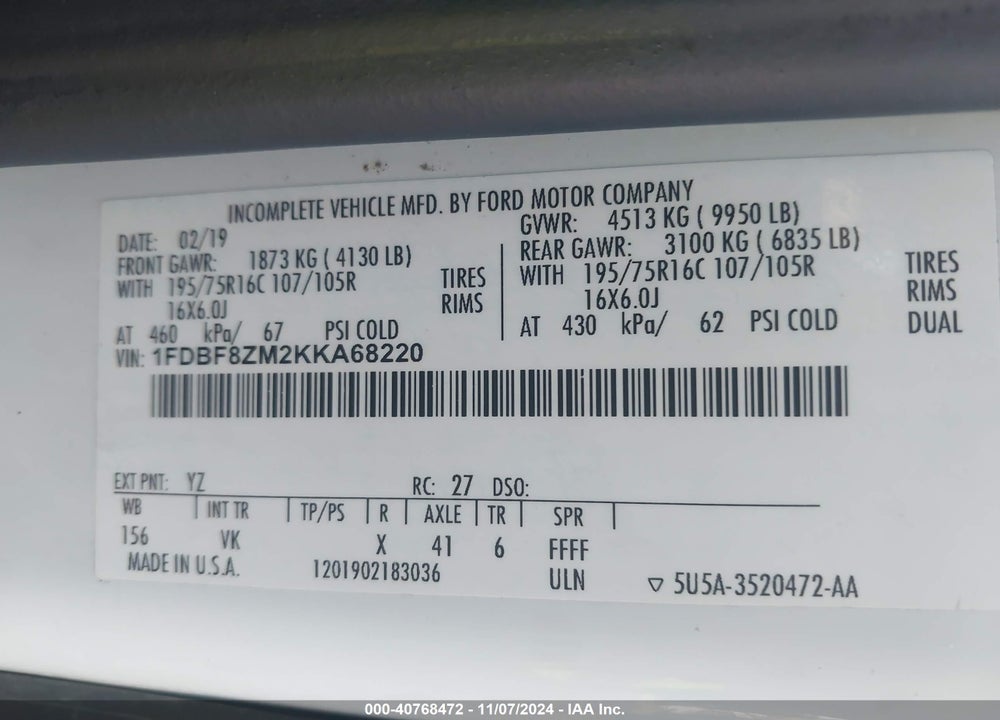 2019 FORD TRANSIT-350 CAB VIN: 1FDBF8ZM2KKA68220