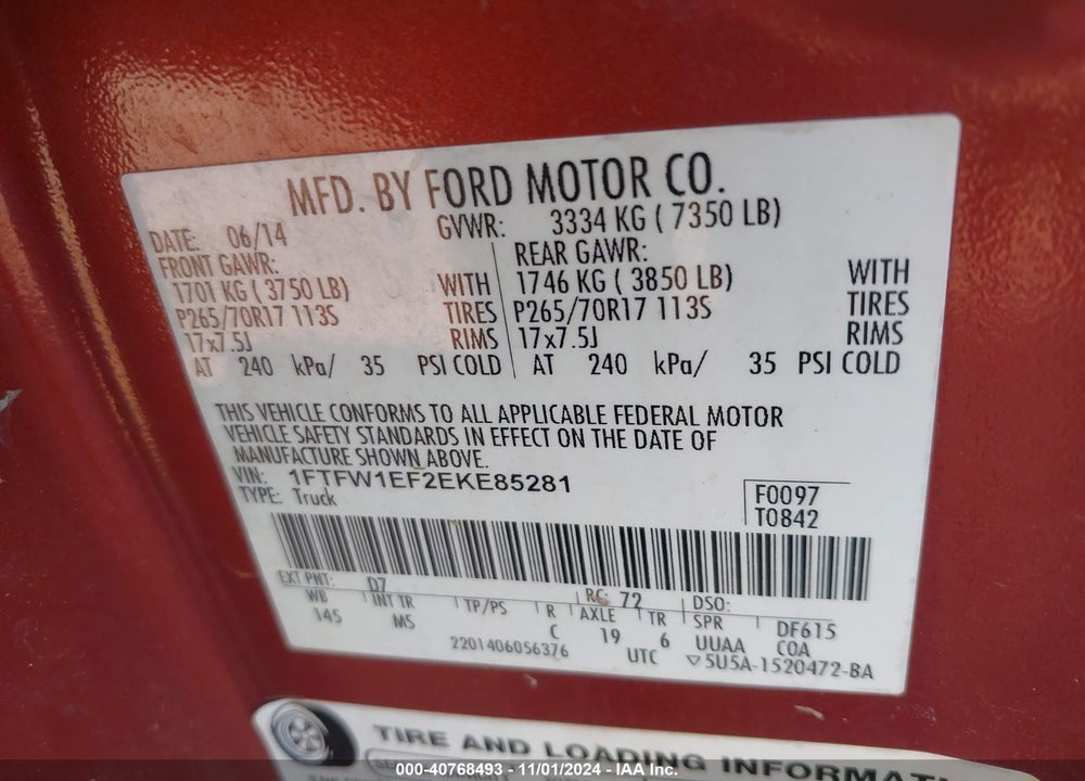 2014 FORD F-150 XLT VIN: 1FTFW1EF2EKE85281