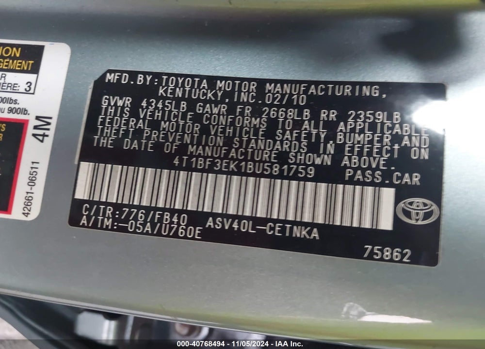 2011 TOYOTA CAMRY LE VIN: 4T1BF3EK1BU581759