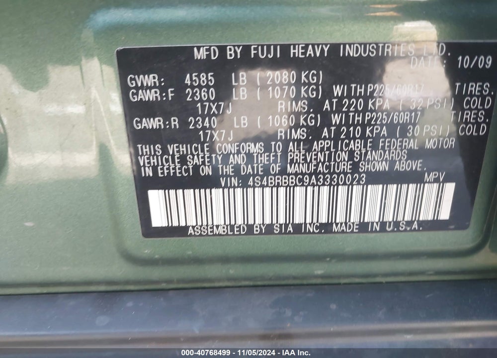 2010 SUBARU OUTBACK 2.5I PREMIUM VIN: 4S4BRBBC9A3330023