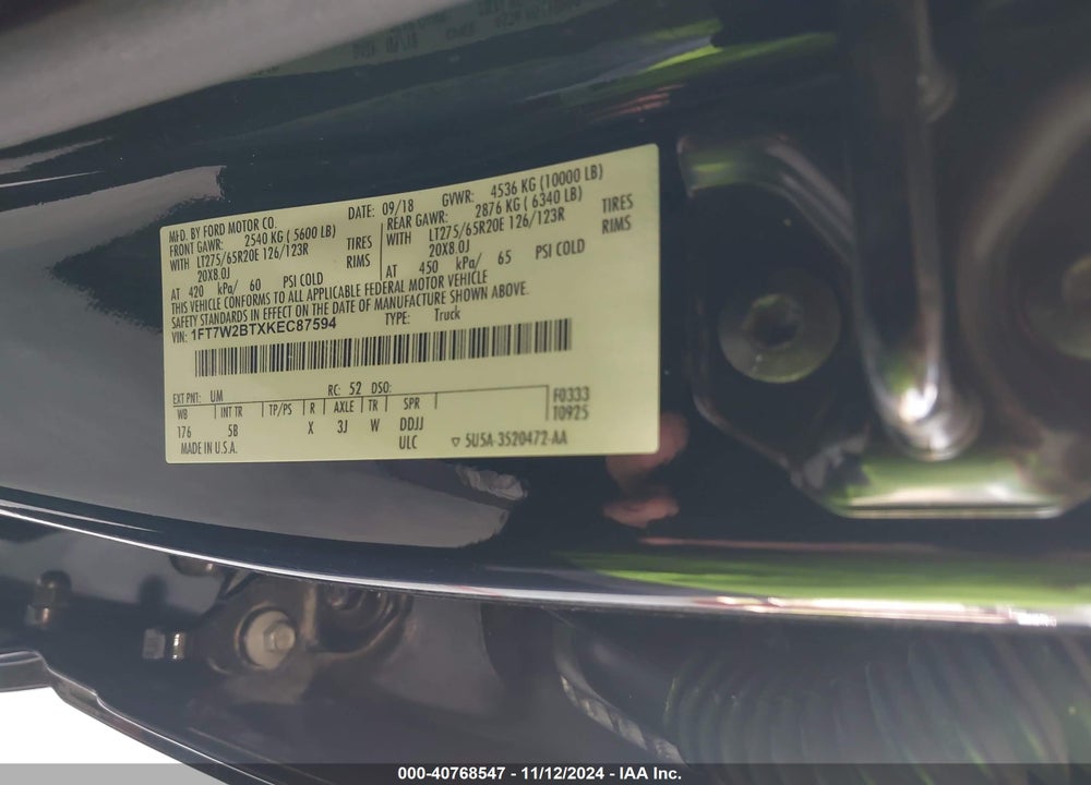 2019 FORD F-250 VIN: 1FT7W2BTXKEC87594