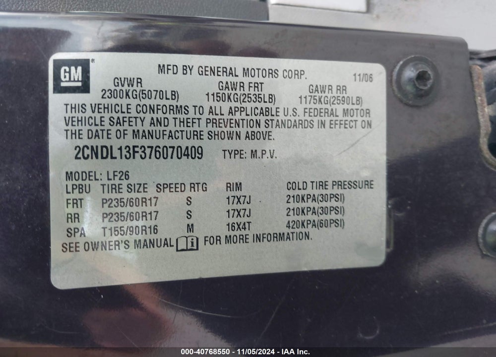 2007 CHEVROLET EQUINOX LS VIN: 2CNDL13F376070409
